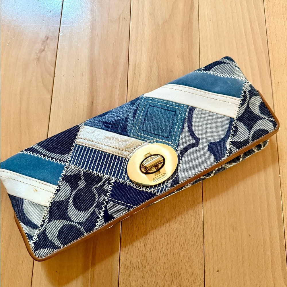 Coach Like New! Patchwork Denim Clutch with Gold Clasp